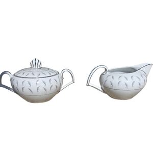 Kent Japan Normandy Sugar Creamer Bowl Blue Gray Leaves Silver China Victorian